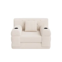 Convertible 1-Seater Sleeper Sofa with Tufted Corduroy Upholstery, Ideal Sofa Bed for Living Rooms and Small Spaces, 107L x 80W x 81H cm, Beige(m-2)