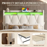 Functional Hydraulic Bed with Headboard Shelf, Stylish Platform Bed for Contemporary Bedrooms and Flats, 158L x 221W x 116.5H cm, Beige(m-7)
