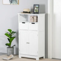 Kleanklin Armário de Casa de Banho com 2 Portas Prateleira Ajustável 2 Gavetas e Compartimento Aberto Móvel Auxiliar de Armazenamento para Sala de Estar Cozinha 60x30x108,8cm Branco(m-9)