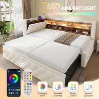 Velvet Pull-Out Sofa Bed Frame with Wooden Headboard Shelf, Convertible Daybed with Lift-Up Armrest Storage, 211L x 91W x 84H cm, Beige(m-8)