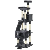 PawHut Albero Tiragraffi per Gatti con 3 Posatoi, 2 Casette e Giochi Appesi, in Legno e Peluche, Grigio Scuro(m-11)