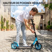 HOMCOM Trottinette Pliable pour Adultes 14+ Ans, Guidon Réglable, Grandes Roues, Amortisseur, Aluminium, 91,5x36,5x104cm, Bleu(m-4)