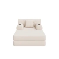 Corduroy Sleeper Chair with Ottoman and Metal Frame, Convertible 1-Seater Sofa Bed with High Backrest, 107L x 162W x 81H cm, Beige(m-2)