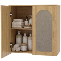 HOMCOM Armario mural de baño bohemio con 2 puertas efecto ratán de cierre suave y estantería regulable, roble(m-11)
