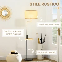 HOMCOM Lampada da Terra con Mensola Integrata in Bambù, Paralume in Tessuto Effetto Lino, Base in Acciaio, Nero e Beige(m-4)