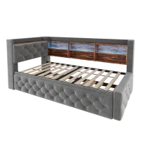 Velvet Pull-Out Sofa Bed Frame with Wooden Headboard Shelf, Convertible Daybed for Living Rooms and Studio Flats, 211L x 91W x 84H cm, Dark Gray(m-11)