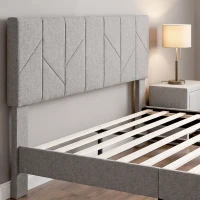 HOMCOM Marco de Cama 140x190 cm con Somier y Cabecero Ajustable Cama Doble Acolchada en Lino con Almacenamiento Inferior Gris(m-6)