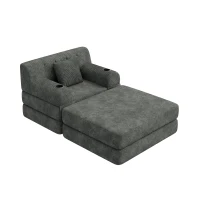 Corduroy Sleeper Chair with Ottoman and Metal Frame, Convertible 1-Seater Sofa Bed with High Backrest, 107L x 162W x 81H cm, Dark Gray(m-10)