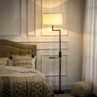HOMCOM Lampada da Terra con Mensola Integrata in Bambù, Paralume in Tessuto Effetto Lino, Base in Acciaio, Nero e Beige(m-10)