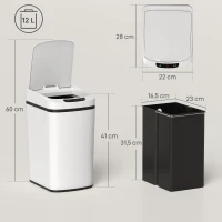 HOMCOM Cestino Rifiuti da 12L a Infrarossi con Secchio Rimovibile, in Acciaio Inox, ABS e PP, 28x22x41 cm, Bianco(m-3)