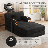 Corduroy Sleeper Chair with Ottoman and Metal Frame, Convertible 1-Seater Sofa Bed with High Backrest, 107L x 162W x 81H cm, Black(m-8)