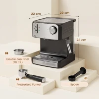 HOMCOM Cafetera espresso, cafetera 20 BAR con boquilla de vapor, depósito de 1,6 L, Negro(m-3)