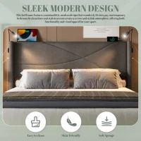Modern Platform Bed with Hydraulic Lift System, Functional Bed Frame with Built-In Reading Lamps and USB Ports, 209L x 157W x 106H cm, Dark Gray(m-7)