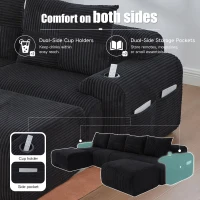 4-Seater Modular Cord Sofa with 2 Ottomans and Integrated Cup‑Holders, Corduroy Sectional Sofa for Living Rooms, 333L x 174W x 80H cm, Black(m-6)