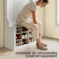 HOMCOM Porte-Manteau 4-en-1 avec Banc, Banc d'Entrée avec 12 Compartiments à Chaussures, 6 Crochets et Étagère Ouverte, Blanc(m-5)