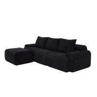 Corduroy Sectional Sofa with Built-in Cup Holders and Side Storage Pockets, 3-Seater Modular Sofa with Ottomans, 268L x 174W x 80H cm, Black(m-14)