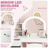 AIYAPLAY Coiffeuse pour enfants avec tabouret et miroir LED, table de maquillage pour 3 à 8 ans, 88,6 x 38,8 x 96,9 cm, blanc(m-5)