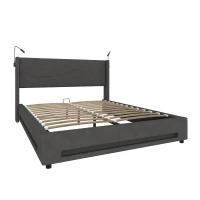 Modern Platform Bed with Hydraulic Lift System, Functional Bed Frame with Built-In Reading Lamps and USB Ports, 209L x 157W x 106H cm, Dark Gray(m-11)