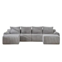 4-Seater Modular Cord Sofa with 2 Ottomans and Integrated Cup‑Holders, Corduroy Sectional Sofa for Living Rooms, 333L x 174W x 80H cm, Light Gray(m-2)