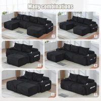 4-Seater Modular Cord Sofa with 2 Ottomans and Integrated Cup‑Holders, Corduroy Sectional Sofa for Living Rooms, 333L x 174W x 80H cm, Black(m-4)