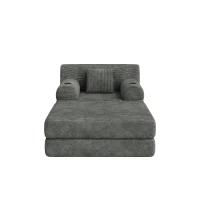 Corduroy Sleeper Chair with Ottoman and Metal Frame, Convertible 1-Seater Sofa Bed with High Backrest, 107L x 162W x 81H cm, Dark Gray(m-2)