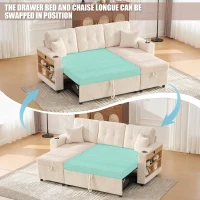 Multifunctional Corduroy Sofa Bed with Hidden Storage and Pull‑Out Bed, LED-Lighted Guest Couch with Wide Armrests, 196L x 82W x 85H cm, Beige(m-5)