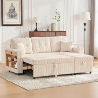 Multifunctional Corduroy Sofa Bed with Hidden Storage and Pull‑Out Bed, LED-Lighted Guest Couch with Wide Armrests, 196L x 82W x 85H cm, Beige(m-9)