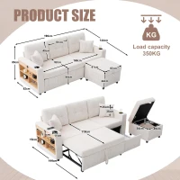 Multifunctional Corduroy Sofa Bed with Hidden Storage and Pull‑Out Bed, LED-Lighted Guest Couch with Wide Armrests, 196L x 82W x 85H cm, Beige(m-3)