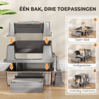 PawHut XXL Kattenbak van Roestvrij Staal 130L met 180° Klapdeksel, Hoge Wanden en Schep, 70 x 50 x 43 cm, Grijs(m-5)