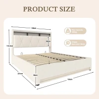 Functional Hydraulic Bed with Headboard Shelf, Stylish Platform Bed for Contemporary Bedrooms and Flats, 158L x 221W x 116.5H cm, Beige(m-3)