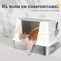 PawHut Kattenbak, RVS, XL-binnenruimte, met schep, Lichtgrijs(m-5)