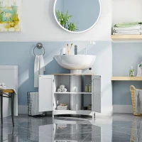 kleankin Meuble salle de bain sous lavabo à double portes avec étagères réglables, blanc et bois naturel(m-8)