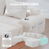 4-Seater Modular Cord Sofa with 2 Ottomans and Integrated Cup‑Holders, Corduroy Sectional Sofa for Living Rooms, 333L x 174W x 80H cm, Beige(m-6)