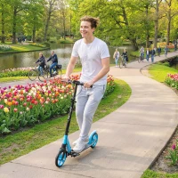 HOMCOM Trottinette Pliable pour Adultes 14+ Ans, Guidon Réglable, Grandes Roues, Amortisseur, Aluminium, 91,5x36,5x104cm, Bleu(m-11)