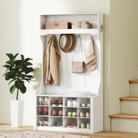 HOMCOM Porte-Manteau 4-en-1 avec Banc, Banc d'Entrée avec 12 Compartiments à Chaussures, 6 Crochets et Étagère Ouverte, Blanc(m-10)