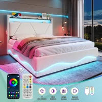Space-Saving Upholstered Bed with Under-Bed Storage, Modern Bed Frame with Soft Velvet Fabric, 159L x 221W x 115.5H cm, Beige(m-5)