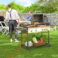 Outsunny Barbecue a Gas con Piastra e Fornello, Coperchio con Termometro e Ripiani, Regolatore e Tubo Inclusi, Nero(m-10)