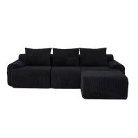 Corduroy Sectional Sofa with Built-in Cup Holders and Side Storage Pockets, 3-Seater Modular Sofa with Ottomans, 268L x 174W x 80H cm, Black(m-2)