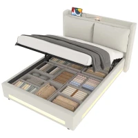 Practical Bed Frame with Built-in Shelf and Night Light, Hydraulic-Lift Platform Bed for Compact Bedrooms, 152.5L x 210W x 114H cm, Beige(m-14)