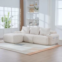 Corduroy Sectional Sofa with Built-in Cup Holders and Side Storage Pockets, 3-Seater Modular Sofa with Ottomans, 268L x 174W x 80H cm, Beige(m-9)