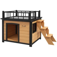 PawHut Caseta para perros con terraza en el techo, resistente a la intemperie, de madera, 121x77x78 cm, Negro/Amarillo(m-1)