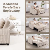 HOMCOM 2-zits slaapbank, cordbekleding, om te vormen tot slaapbed, 2 kussens, zijvakken, 157 x 190 cm, Crèmewit(m-5)