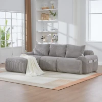 3-Seater Modular Sofa with Ottomans and Side Storage Pockets, Corduroy Sectional Sofa with Integrated Cup Holders, 268L x 174W x 80H cm, Light Gray(m-1)