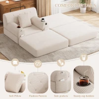 Corduroy Sleeper Chair with Ottoman and Metal Frame, Convertible 1-Seater Sofa Bed with High Backrest, 107L x 162W x 81H cm, Beige(m-6)