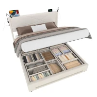 Modern Platform Bed with Hydraulic Lift System, Functional Bed Frame with Built-In Reading Lamps and USB Ports, 199L x 142W x 106H cm, Beige(m-12)
