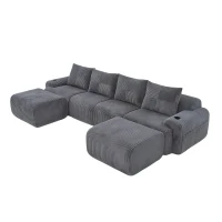 4-Seater Modular Cord Sofa with 2 Ottomans and Integrated Cup‑Holders, Corduroy Sectional Sofa for Living Rooms, 333L x 174W x 80H cm, Dark Gray(m-14)