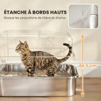 PawHut Maison de Toilette pour Chat XXL en Inox, Couvercle 90°, Double Porte, Filtre Frontal, Pelle, 70x50x46,5cm, Gris(m-5)