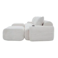 4-Seater Modular Cord Sofa with 2 Ottomans and Integrated Cup‑Holders, Corduroy Sectional Sofa for Living Rooms, 333L x 174W x 80H cm, Beige(m-12)