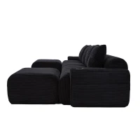 4-Seater Modular Cord Sofa with 2 Ottomans and Integrated Cup‑Holders, Corduroy Sectional Sofa for Living Rooms, 333L x 174W x 80H cm, Black(m-13)