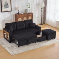 Multifunctional Corduroy Sofa Bed with Hidden Storage, LED-Lighted Guest Couch for Family Film Nights, 196L x 82W x 85H cm, Black(m-9)